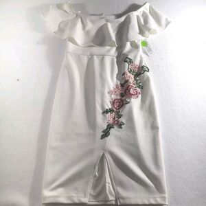 NWT Premier Armour Dress Off White Embroidered Off Shoulder Mid Length Dress 12